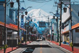 View of Mt Fuji from the street in front of Saruya Hostel